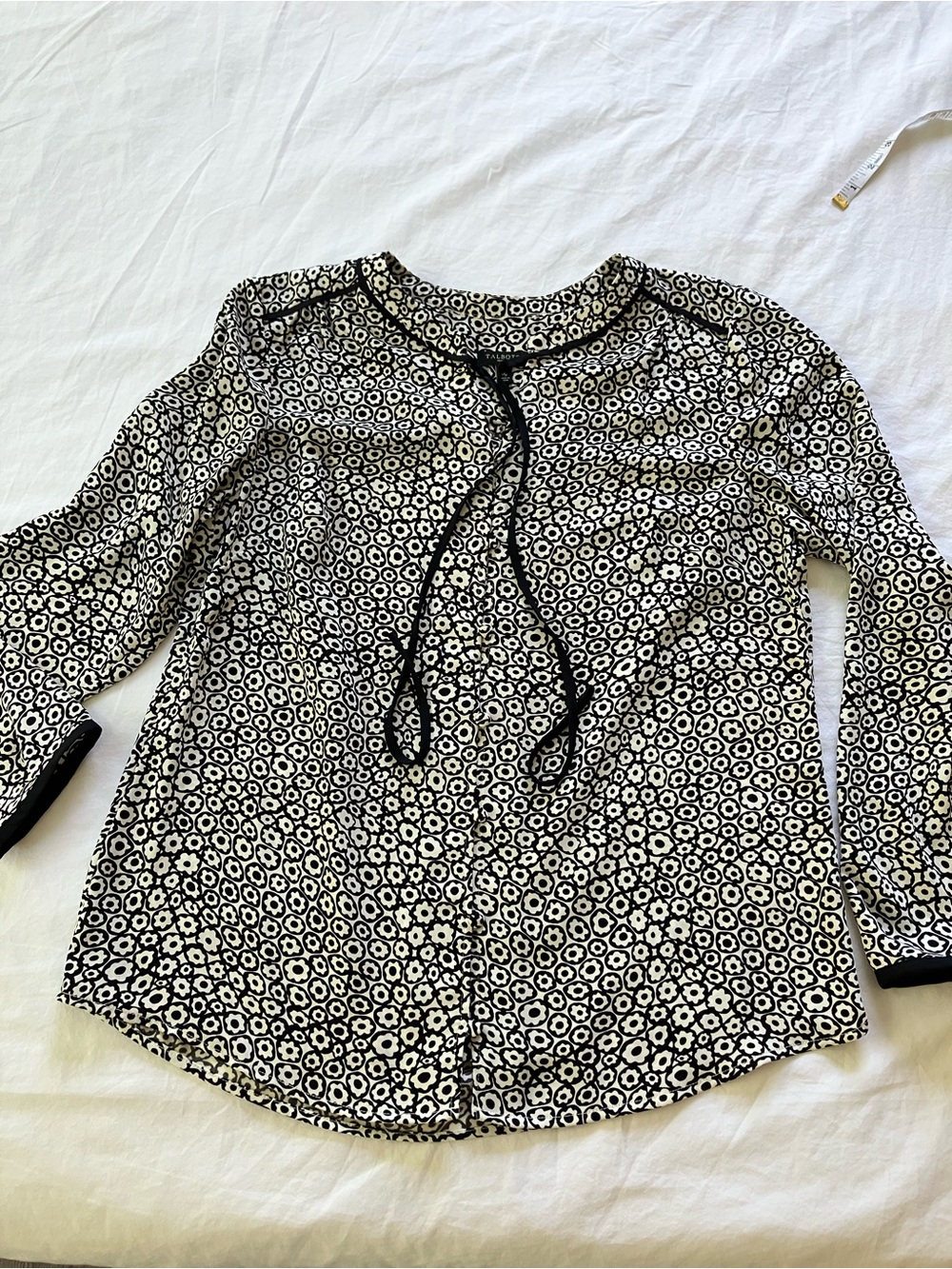 Talbots Black and White Floral Tie-Neck Blouse